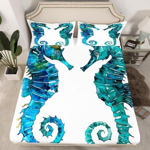 Erosebridal Комплект постельного белья Seahorse в сине-зеленой акварельной расцветке с морскими мотивами, Pattern 3