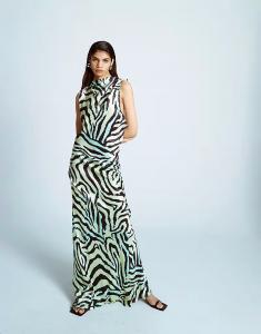Платье макси Topshop с косой отделкой и проймой зеленого цвета с принтом зебры