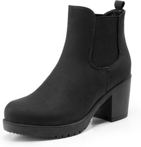 Женские ботильоны DREAM PAIRS с высоким широким каблуком Челси, на резинке, для осени, Black/Pu