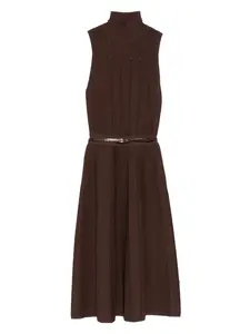 Платье макси в рубчик с высоким воротником и поясом Elisabetta Franchi, коричневый