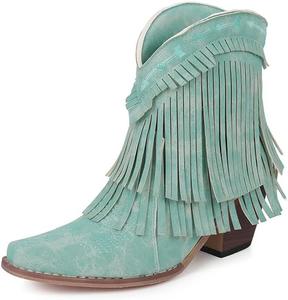 Женские ботильоны UniqueStride с бахромой на щиколотке, вышивкой и ковбойским стилем, с массивным каблуком, кожаной отделкой, кисточками и удобной посадкой, короткие ковбойские ботинки, Cyan