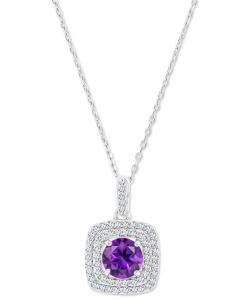 Подвеска-колье с квадратным ореолом из аметиста и искусственно выращенного белого сапфира, камнями-талисманами по знаку зодиака, из стерлингового серебра, длина 40 см + удлинитель 5 см Macy's, Amethyst