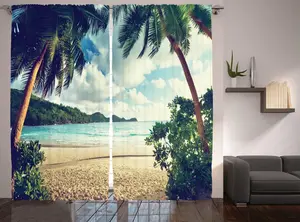 Штора ABAKUHAUS Beach Rustic, Летний винтажный тропический, универсальная ленточная штора для гостиной с петлями и крючками, 280 x 225 см, цвет: темно-зеленый, песочно-коричневый, светло-голубой Abakuhaus