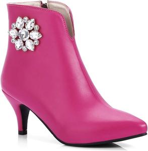 Женские элегантные ботильоны VOKLIN с острым носком, модными стразами и каблуком-стилетто, короткие ботинки, Rose Red-Velvet Lined