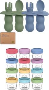 Набор силиконовых детских ложек и вилок Keababies из 4 упаковок и стеклянные контейнеры для детского питания из 12 упаковок