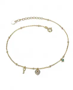 Браслет на лодыжку с позолотой 14 карат и подвеской в виде сердца и ключа из зеленого кубического циркония Rachel Glauber, green