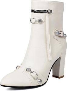 Женские ботильоны с острым носком на массивном высоком каблуке, модные с заклепками и молнией, зимние, нарядные короткие ботинки JOEUSTY, White-Velvet Lined