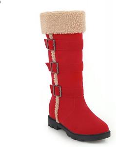 Женские высокие зимние сапоги Bcshiye с массивным каблуком до колена, теплые и удобные, замшевые с искусственным мехом, на пряжке, с круглыми носками, для верховой езды, Red