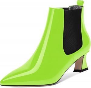 Женские зимние ботильоны AMBELIGHT с острым носком, лакированные, офисного стиля, на низком каблуке-кубике 2 дюйма, с эластичной вставкой, Lime Green