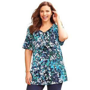 Женская туника больших размеров с короткими рукавами и v-образным вырезом Catherines легкого кроя, цвет Blue Blooming Floral
