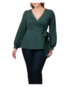 Топ с длинными рукавами и запахом Natasha размера Plus Kiyonna, зеленый