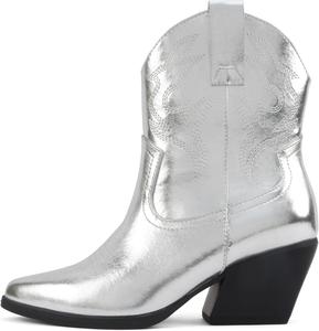 Soda «BLAZING» ~ Женские ботильоны Western с острым носком и низким каблуком (доступна широкая посадка), Silver Metallic Pu