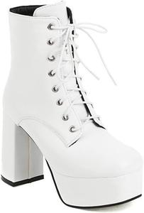Женские ботильоны DXSYMJM из искусственной кожи с массивным каблуком, платформой, круглым носком, шнуровкой, молнией и идеальные для вечеринки, White