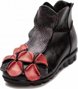 Женские кожаные ботильоны на танкетке с цветочной вышивкой в стиле бохо, сзади на молнии, утепленные, с подошвой, предотвращающей скольжение, ретро-стиль, модные женские ботинки Generic, Black Red With Cotton