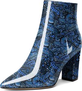 Женские ботильоны AUMOTED с высокой шнуровкой, массивным каблуком, заостренным носком, мехом, короткой моделью на молнии, классические ботинки на каблуке 3,4 дюйма, Patent Flower Blue