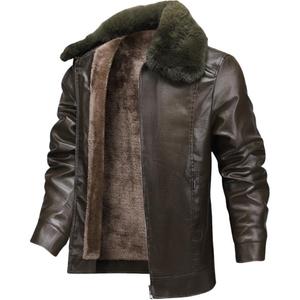 Кожаная куртка мужская с меховым воротником, утепленная и на флисе VanCamel, коричневый