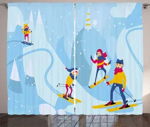 Шторы ABAKUHAUS Family Rustic, с рисунком гор и сноуборда, универсальные ленточные шторы для гостиной с петлями и крючками, 280 x 225 см, цвет: небесно-голубой, земляно-желтый Abakuhaus