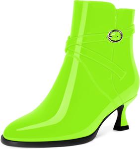 Женские ботильоны MODENCOCO с застежкой-молнией, лакированное платье, пряжка, круглый носок, ремешок на щиколотке, низкий каблук 2 дюйма, Lime Green