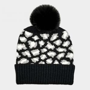 FASHNZFAB Ребристая шапка-бини с помпоном из искусственного меха с леопардовым принтом