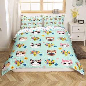 Erosebridal Комплект постельного белья Cute Cat Kawaii Floral с мультяшными котятами и цветочным принтом в зеленых, желтых и синих тонах, Green Yellow Blue