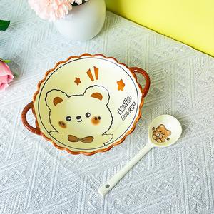 CERAMICS Керамическая миска для дома, новая модель 2025, фарфоровая рисовая миска, милый медведь кремового цвета, посуда на одного, набор из 2 предметов: 19 см и 12,7 см миска с двумя ручками и ложка, подходит для салата