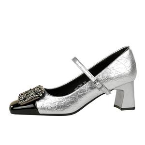 QITUMAUL Серебряные женские туфли Мэри Джейн на массивном каблуке [высота каблука 5 см], цвет Silver[Heel Height 5cm]