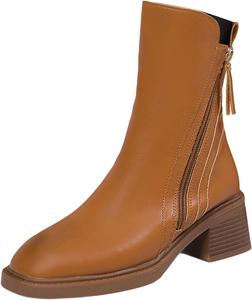 Женские ботильоны с квадратным носком, массивным каблуком, винтажные, на молнии сбоку, с современной западной ковбойской стилистикой Generic, Brown