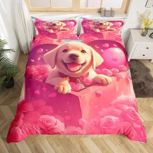 Erosebridal Комплект постельного белья Kawaii Golden Retriever с розами и сердечками в романтичном стиле, Blue Hot Pink