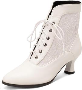 Женские ботильоны RiceelSor с кружевом, заостренным носком и невысоким каблуком, викторианский стиль, ведьминские ботинки, с круглыми носками, удобные, для свадебного костюма, на массивном каблуке, больших размеров, White