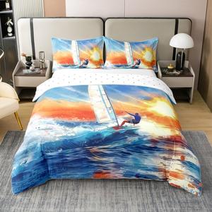 Erosebridal Комплект постельного белья из 100% хлопка с принтом виндсерфинга и морскими волнами, Orange Blue