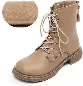 Женские кожаные ботильоны на шнуровке с круглым носком, низким массивным каблуком, сзади на молнии, осень-зима, модные, удобные и теплые SIYAKE, Khaki Plus Velvet