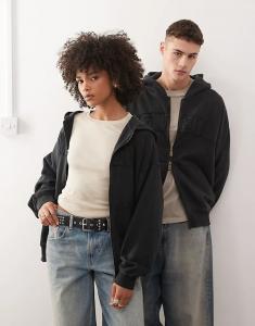 Толстовка New Era Coord с заниженной линией плеча, молнией и аппликацией с логотипом, цвет: черный с потертостями