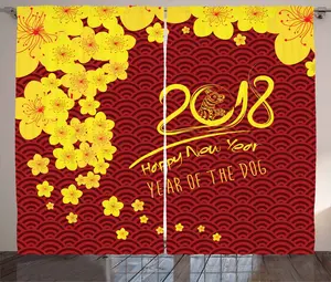 Шторы в деревенском стиле ABAKUHAUS Год собаки, азиатская чешуя, универсальные ленточные шторы для гостиной с петлями и крючками, 280 x 225 см, цвета: ярко-красный, желтый и рубиновый Abakuhaus