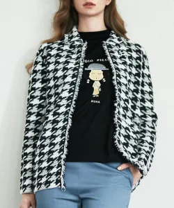 Куртка с бахромой в клетку «гусиная лапка» Studio Picone, цвет Black(301)