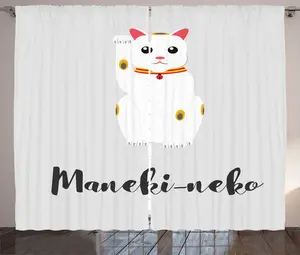 Штора ABAKUHAUS "Японский кот" в деревенском стиле, Success Cat Neko, присборенная штора для спальни с петлями и крючками, 280 x 225 см, цвет "Белый кокос" Abakuhaus