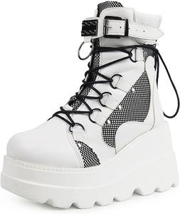 Женские боевые ботинки ZBYY на молнии с шнуровкой, массивной подошвой, в стиле милитари, платформой, танкеткой, с заклепками, готические полусапожки до середины голени, 7.5 White