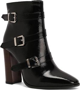 Женские ботинки на шнуровке Alyaafifa с высокими каблуками, закругленным носком и молнией, 4-дюймовый массивный каблук, замшевая кожа, элегантные короткие ботильоны для вечеринок и мероприятий, Black - Buckle