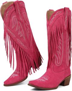 Женские ковбойские сапоги, ретро-стиль, квадратный мыс, массивный каблук, вышивка, кисточка, наряд для кантри-концерта, голень, вестерн-ковбойские сапоги Grakihily, Veloursleder/Rosa