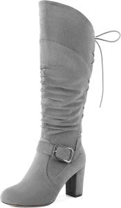 Женские сандалии Zamikoo, свободные ботильоны до колена с круглым носком, массивным каблуком, боковой молнией и металлической пряжкой, высокие повседневные сапоги на каблуке 3,5 дюйма, Suede Grey