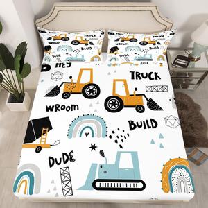 Erosebridal Детский комплект постельного белья с тракторами и грузовиками, мультяшный рисунок строительной техники, радужная тематика, хлопковый материал, Truck 04