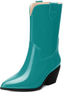 Женские сапоги WAYDERNS до середины икры из лакированной кожи с массивным каблуком, заостренным носком, 2,3-дюймовым каблуком, короткие ботильоны для модных повседневных прогулок, свиданий и шопинга, осенние, Lake Blue