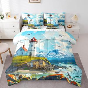 Erosebridal Комплект постельного белья Summer Ocean King Coastal Lighthouse с морским декором из хлопка, Blue White Red