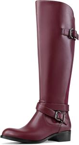 Женские высокие сапоги до колена с круглым носком, низким широким каблуком, из искусственной кожи, для верховой езды, с боковой молнией GPXGPX, Burgundy