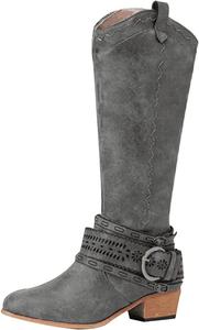 Женские ковбойские сапоги Ladmiple с широким голенищем, до колена, в западном стиле, с заостренным носком, массивным каблуком и декоративной строчкой, на подъем, ковбойские сапоги, Grey