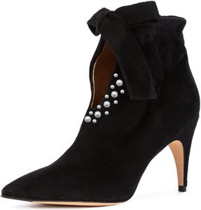 Женские короткие ботильоны XYD с острым носком и жемчугом, бантом и низким каблуком типа «кикуна», элегантные короткие сапожки, милые туфли, Black