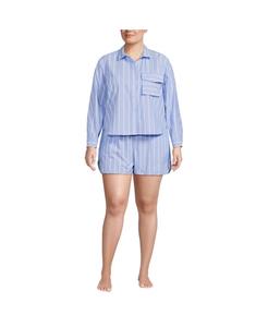 Пижамный комплект из двух частей из хлопкового поплина больших размеров: топ с длинными рукавами и шорты с кантом Lands' End, Brisk blue/rose pink stripe