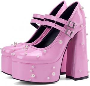 Frankie Hsu Lolita Женская большая размерная двойная ремешка, страза, кристаллическая пряжка, жемчужная розовая лакированная кожаная платформа, массивные высокие каблуки, ботинки на каблуках на щиколотке, обувь