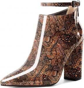 Женские ботильоны Soireelady с высоким массивным каблуком, заостренным носком, классической молнией, элегантные ботильоны на зиму с регулируемым ремешком на щиколотке, Patent Flower-Brown