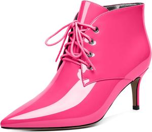Женские ботильоны Eldof на низком каблуке 2,5 дюйма с заостренным носком, шнуровкой и удобные для прогулок, Patent Hot Pink