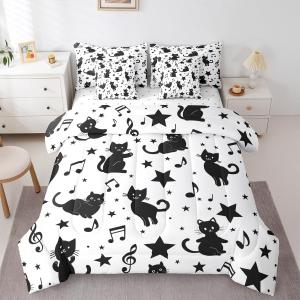 Erosebridal Комплект постельного белья Black Cat Full с комфортером в тематике Хэллоуин с милыми котиками и музыкальными нотами белого цвета, Multi 21